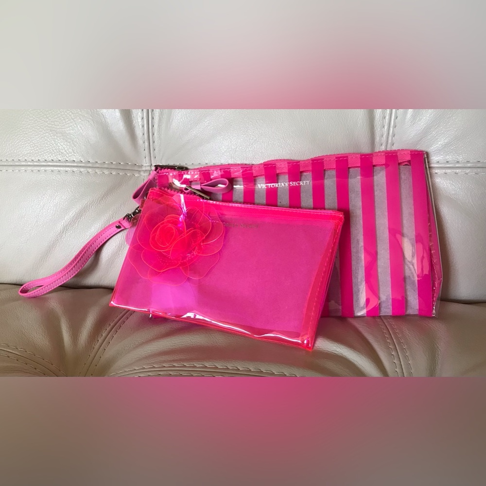 NEW Victoria’s Secret Set of 2 Cosmetic Polythene Bag Water Proof Stripped